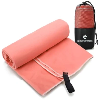 Abbildung von Legendwerk® Mikrofaser Handtuch ORANGE 160x80 cm saugstark &amp; Ultraleicht ideal fürs Workout, Beach oder Backpacking mit Aufhänger Tasche frisches Design für Aktive