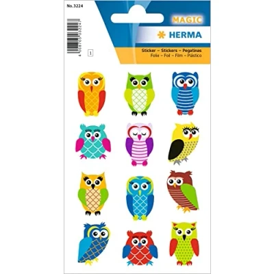 Abbildung von HERMA 3224 Aufkleber Eulen Glitzer klein groß, 12 Stück, Tiere Sticker mit lustigen Eule Vogel Motiv, Kinder Etiketten für Fotoalbum Tagebuch Poesiealbum Scrapbooking Geburtstag Dekoration DIY Basteln