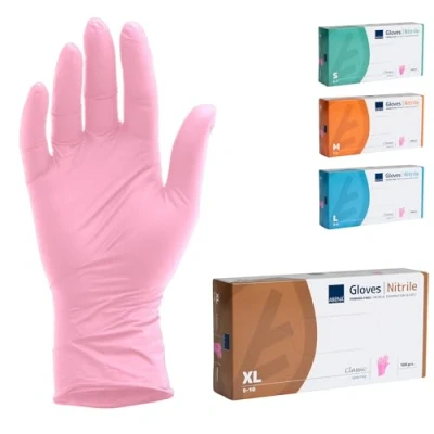 Abbildung von ABENA Nitrilhandschuhe XL, 100 Stück Einmalhandschuhe Rosa, handschuhe einweg, puderfreie &amp; latexfreie Einweghandschuhe in S, M, L XL verfügbar