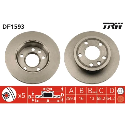 Abbildung von TRW DF1593 Bremsscheibe 260 16 5 112 voll lackiert VOLKSWAGEN: Transporter 4 Pritsche / Fahrgestell, Bus, Kastenwagen