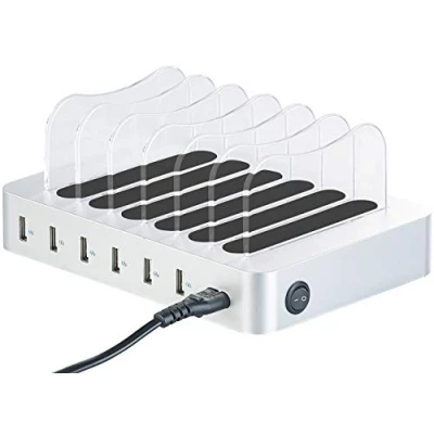 Abbildung von revolt Multiladestation: 6 Port USB Ladestation mit entnehmbaren Trennwänden, 10 A / 50 Watt (USB Multi Ladestation, Tischladestation, Apple iPhone Ladekabel)