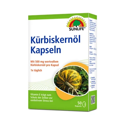 Abbildung von SUNLIFE SUNLIFE® Kürbiskernöl Kapseln 500 mg + Vitamin E Immunsystem Vegan 1 x täglich eine Kpasel mit ausreichend Flüssigkeit schlucken
