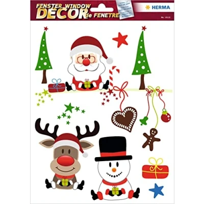 Abbildung von HERMA 15115 Fensterbilder Weihnachten Weihnachtsmann Rentier Schneemann, 5 Stück, selbstklebend, Kinder Fensteraufkleber, ablösbare Winter Fenstersticker, Fensterfolie für Kinderzimmer Weihnachtsdeko