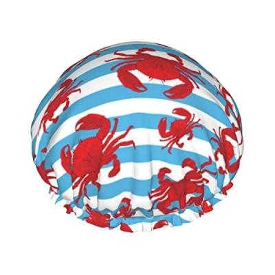 Abbildung von Duschhaube mit Krabbenblauen Streifen, wasserdicht, Luxus Duschhauben für Damen, wiederverwendbar, Bade Haarkappe, modische Duschmütze Gummizug, einfach zu tragen