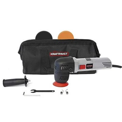 Abbildung von Dino KRAFTPAKET 640245 12mm 710W Exzenter Poliermaschine stufenlos im Set mit 74mm Stützteller 2 x Polierpad 75mm Polierschwamm Tasche für Auto KFZ Boot Heimwerker, Grau