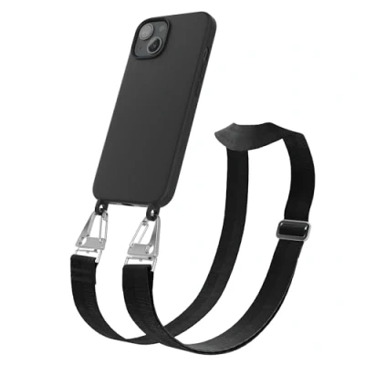Abbildung von EAZY CASE Handykette Silikon mit Karabiner kompatibel iPhone 13 Handyhülle breitem Umhängeband, Handykordel Silikon, Hülle Band, Kette für Smartphone, Schwarz Clips Silber