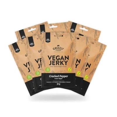 Abbildung von Grizzly Foods Vegan Jerky Cracked Pepper (8 x 30g) Pflanzliches Beef Veganes Trockenfleisch High Protein Snack Ideal für Unterwegs, Büro, Sport