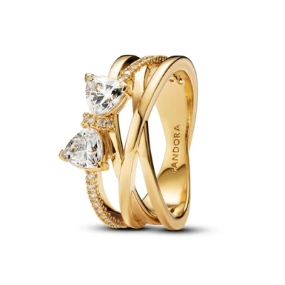 Abbildung von PANDORA Timeless Funkelnde Schleife &amp; Überkreuztes Band Ring aus Sterling Silber mit vergoldeter Metalllegierung und Zirkonia, Größe: 58, 163511C01 58