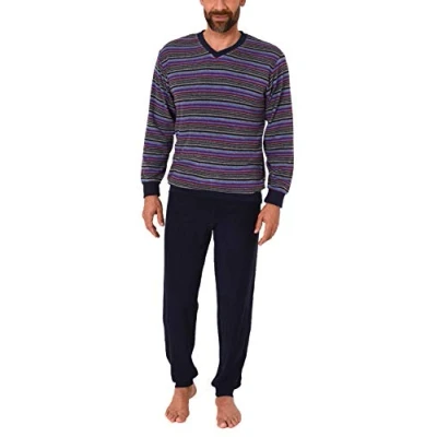 Abbildung von Edler Herren Frottee Schlafanzug Pyjama mit Bündchen in Streifenoptik 291 101 13 580, Farbe:Marine, Größe2:48