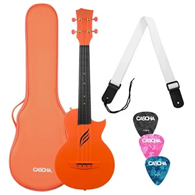 Abbildung von CASCHA Konzert Ukulele Set aus Kohlefaser I Carbon Starter Kit mit 3 Plektren Tasche Gurt Fluorcarbon Saiten Kleine Hawaii Gitarre für Anfänger Fortgeschrittene Orange