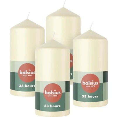 Abbildung von Bolsius Glatte Stumpenkerzen Elfenbein 4 Stück 12 x 6 cm Dekorative Haushaltkerzen Länge Brenndauer 33 Stunden Unparfümierte Enthält Natürliches Pflanzenwachs Ohne Palmöl