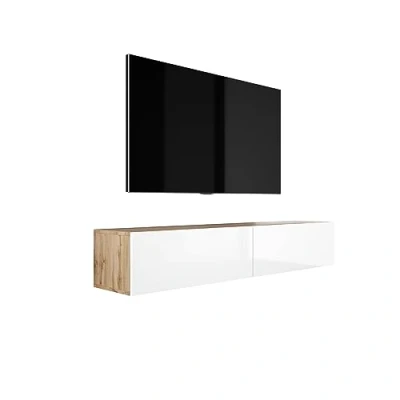 Abbildung von Hängendes TV Schrank (B: 170 cm, H: 34 T: 32 cm) in Wotan Eiche &amp; Weiß Hochglanz