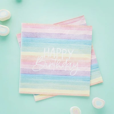 Abbildung von Happy Birthday Party Servietten 16 Stück Pastellfarben Regenbogen umweltfreundlich recycelbar