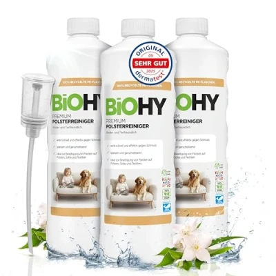 Abbildung von BiOHY Premium Polsterreiniger (3 x 1 Liter) + Dosierer Bio Konzentrat für Polstermöbel, Sofas, Teppiche &amp; Textilien Nasssauger andere Geräte geeignet geruchslösender Fleckentferner