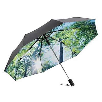 Abbildung von Le Monde du Regenschirm, zusammenklappbar, für Damen/Herren, Schwarz, automatisches Öffnungssystem, winddicht, bedruckt, Waldmotiv, 60 cm