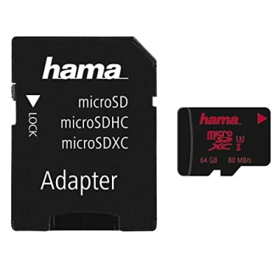 Abbildung von Hama microSD Karte, Memory Pro 4K, +Adapter/Foto, UHS Speed C3 I 80MB/s Speicherkarte (64 GB, Video Class 30 (V30)/UHS 3 (U3), 80 MB/s Lesegeschwindigkeit)