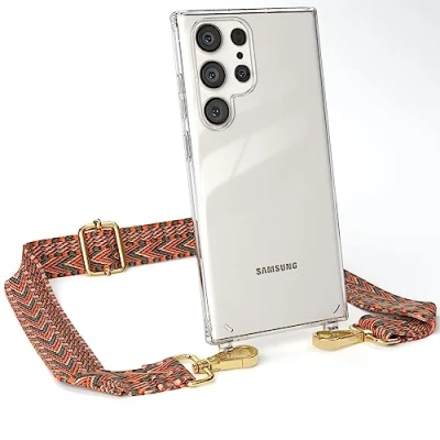 Abbildung von EAZY CASE Handykette Verstellbarer Trageriemen kompatibel mit Samsung Galaxy S23 Ultra, Handytaschenband, Handykordel Phone Case, Ersatzgurt für Ketten, Orange/Grün Haken Gold