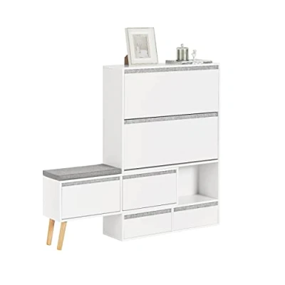 Abbildung von SoBuy FSR134 W Schuhkipper Schuhablage mit 2 Klappen, Türen und Schubladen Flurschrank Schuhschrank Sitzbank Schuhbank Sitzfläche BHT ca.: (92 124) x126x24cm
