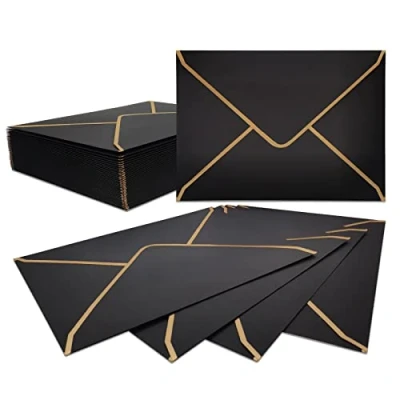 Abbildung von 50 Stücke Einladungumschläge A7，Schwarze Luxuriöser Umschläge 18.5x13.5cm Miniatur Kuverts 5&quot;x 7&quot; mit V Klappe Briefumschläge Goldfolienrand für Hochzeiten, Einladungen, Party, Grußkarten