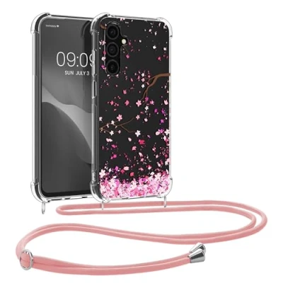 Abbildung von kwmobile Necklace Case kompatibel mit Samsung Galaxy A15 5G Hülle Silikon Cover Handykette Rosa Dunkelbraun Transparent Kirschblütenblätter