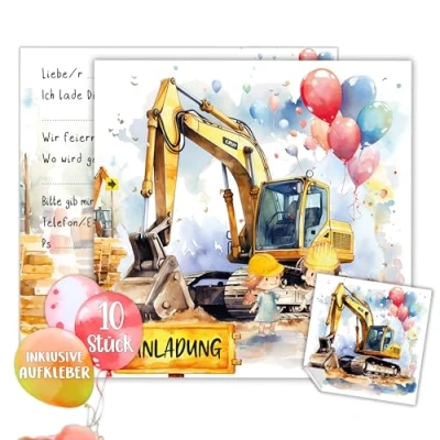 Abbildung von TOBJA Einladung Kindergeburtstag Junge &amp; Mädchen XXL Einladungskarten Geburtstag 15 x cm 10er Set mit Stickern Geburtstagseinladungen (Bagger)