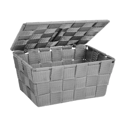 Abbildung von WENKO Badkorb mit Deckel Mod. Adria moderne Aufbewahrungsbox für Bad und Haushalt stilvolles Grau aus PP Geflecht Metallstangen Maße 19 x 10 14 cm