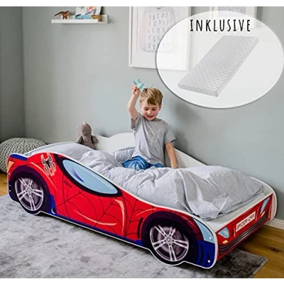 Abbildung von Kids Collective Autobett Kinderbett Jugendbett 70x140 80x160 mit Rausfallschutz &amp; Matratze Kinder Spielbett Rennfahrer