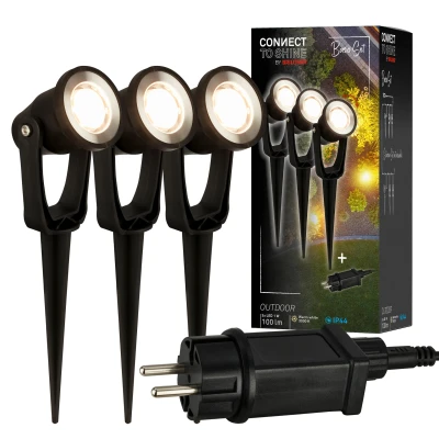 Abbildung von BRILONER Connect to Shine 12V Gartensystem 3er Set LED Strahler mit Erdspieß, Basisset Trafo, IP65, warmweißes Licht, Gartenbeleuchtung, Gartenstrahler, 22,5x6x5 cm, Schwarz