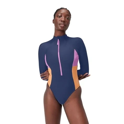 Abbildung von Speedo Langärmliger Colourblock Badeanzug mit Reißverschluss Einteiler Fitnessschwimmen für Damen, Himmelblau, L