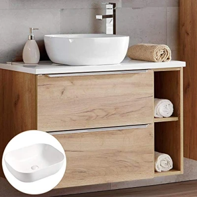 Abbildung von Lomadox Badmöbel Waschtisch Unterschrank Set mit Regal, Wotan Eiche Hochglanz weiß, 41cm Keramik Waschbecken, 2 Softclose Schubkästen, B/H/T ca, 81/74,5/46 cm