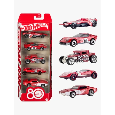 Abbildung von Hot Wheels Spielzeugautos, 5er Pack Spielzeugautos im Maßstab 1:64 mit Deko und Verpackung zum Sammeln, Core Mattel 80. Jubiläum, Set 5 Fahrzeugen, JGK08