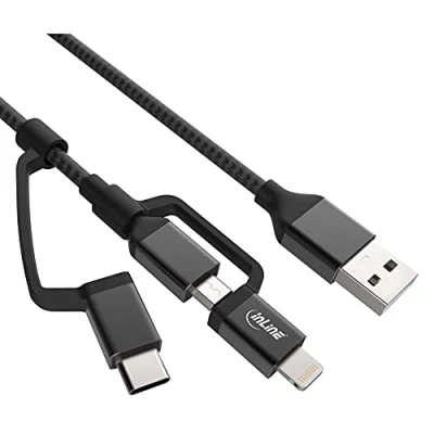 Abbildung von InLine 31415S 3 in1 USB Kabel, Micro USB, Lightning, Typ C, schwarz/Alu, 1,5m