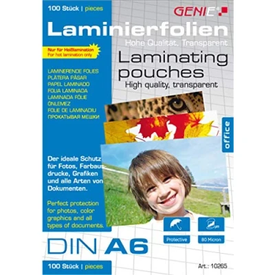 Abbildung von Genie 10265 Laminierfolien (Glasklar; 80 Mikron für Formate bis zu DIN A6; geeignet alle HeiÃŸlaminiergeräte) 100er Pack