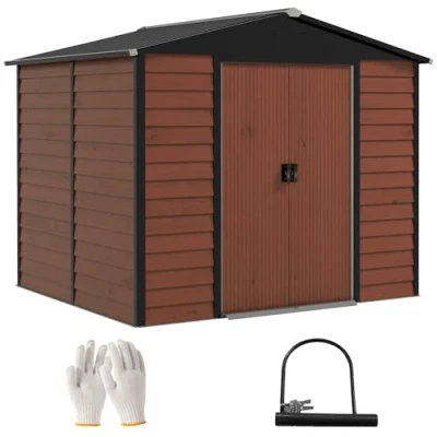 Abbildung von Outsunny Gerätehaus 4,4 m², mit Pultdach, Schiebetür, Fundament, BxT: 240x206 cm, (Gartenhaus, 1 St., Geräteschuppen), aus Verzinkter Stahl, wetterfest, für Garten, Teak