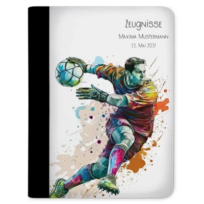 Abbildung von CreaDesign, Kinder Zeugnismappe mit Namen personalisiert, Motiv Fußball Junge Torwart weiß ohne Klarsichthüllen, A4, 24 x 31 1 cm, Rücken schwarz