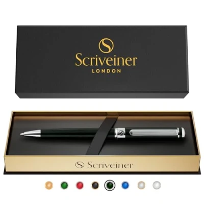 Abbildung von Scriveiner Kugelschreiber Britisch Schwarz Grüne Luxus Kuli in britischem Renngrün mit Chromveredelung, Schmidt Ersatzmine, Geschenkbox, Büro Set, Professionell Kugelschreiber, Schöne Stifte