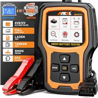 Abbildung von ANCEL AD410PRO OBD2 Scanner Batterietester 2 in 1, Diagnosegerät mit Vollständigen Funktionen Batterietester, 6V/12V Batterietests und Ladetests, 24V Starttests