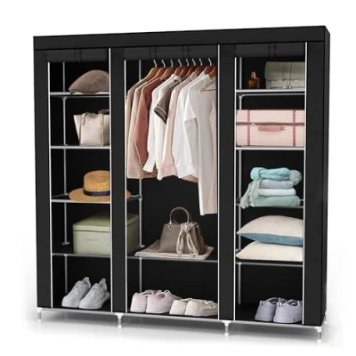Abbildung von Intirilife Kleiderschrank (Faltschrank 150x175x45 cm in RABEN SCHWARZ, 1 St) Stoffschrank mit Reißverschluss, Stange und Fächer
