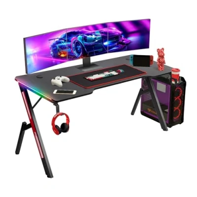 Abbildung von Todeco 160 x 60cm Gaming Tisch mit LED, Schreibtisch, PC Kohlefaseroberfläche, Kopfhörerhaken Getränkehalter Mauspad, Ergonomischer