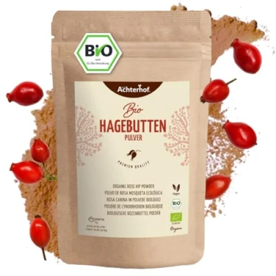 Abbildung von Hagebuttenpulver Bio 500g ganze Hagebutte gemahlen fruchtiges, süß würziges Aroma 100% Hagebutten Pulver in Rohkostqualität vom Achterhof
