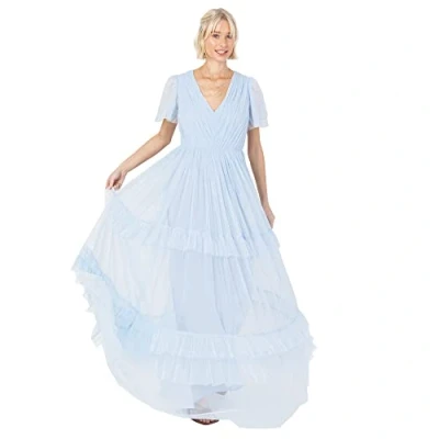 Abbildung von Anaya with Love Damen Short Sleeve Evening Ball Gown Tiered V Neck Bow Tie Bridesmaid Wedding Guest Prom Long Kleid, Light Blue, 40 EU (UK 12)
