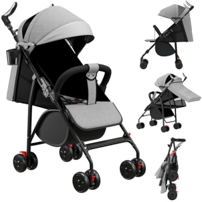 Abbildung von Buggy für Babys, ultraleicht, kompakt, faltbar und neigbar, von Geburt bis 25 kg, mit Trolley System, Regenschutz inklusive, ausziehbarer Haube, Grau