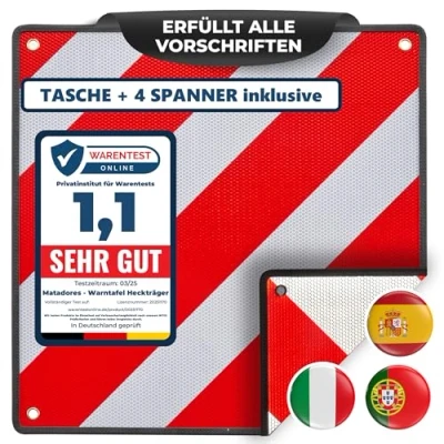 Abbildung von MATADORES Premium 3in1 Warntafel Für Italien UND Spanien + Portugal Tasche 4 Spanngurte Aluminium, 50x50cm, reflektierend Fahrradträger/Heckträger