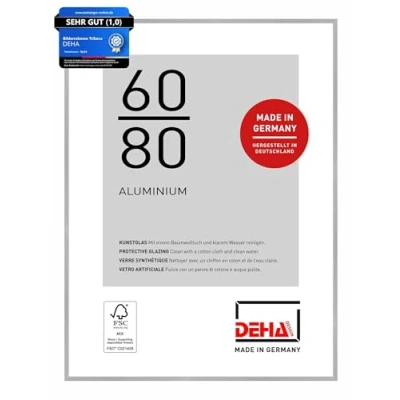 Abbildung von DEHA Design Bilderrahmen, 60 x 80 cm, Aluminium, Silber matt, Posterrahmen zum Aufhängen im Hoch &amp; Querformat, bruchsicheres Kunstglas, Tribeca