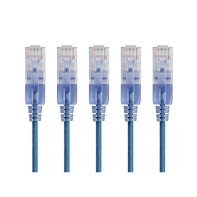 Abbildung von Monoprice 129425 SlimRun Cat6A Ethernet Patchkabel Snagless RJ45 UTP Pure Bare Copper Wire 10G 30AWG 0,6 m Blau 5er Pack