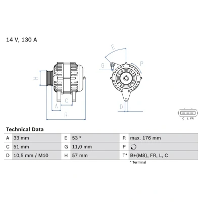 Abbildung von BOSCH 0 986 082 820 Lichtmaschine 14V 130A HYUNDAI: ix35, i20 I Schrägheck, i30 II KIA: Optima / K5, Venga, cee‘d Sportswagon