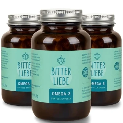Abbildung von BitterLiebe Omega 3 vegan Kapseln hochdosiert aus pflanzlichem Algenöl hochwertigem EPA und DHA Premium Fettsäuren für Veganer leicht schluckbar 6x 90 St