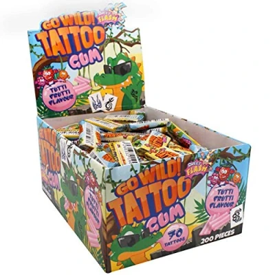 Abbildung von Go Wild! Tattoo Gum 200 Stück Kaugummi mit Aufklebern Fruchtige Kaugummis &amp; coole Tattoos für Kindergeburtstage, Partys oder Mitgebsel