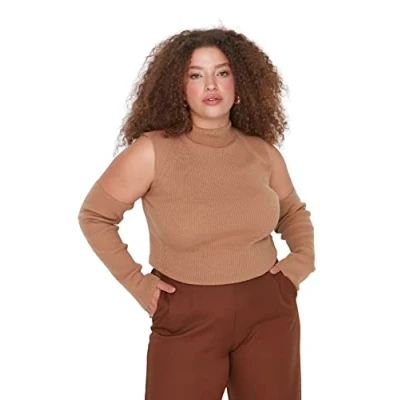Abbildung von TRENDYOL Damen Rundhalsausschnitt Unifarben Figurbetont Größen in Bluse Shirt, Brown, XXL