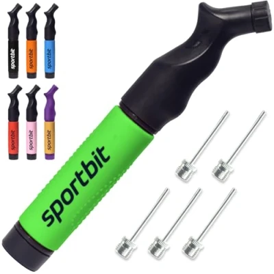 Abbildung von SPORTBIT Ballpumpe mit 5 Nadeln Set Handpumpensystem zum Aufpumpen Passt für jeden Sportball Volleyball Basketball Fußball Gymnastik Soccer Ball, Aufblasgerät Luftpumpe